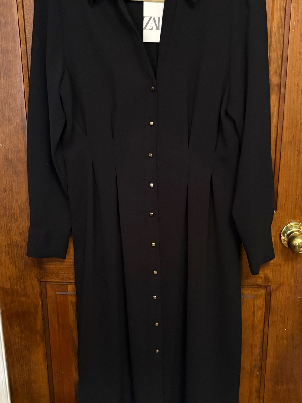 ZARA Black Long-Sleeve Button-Front Midi Dress with Gold Buttons